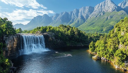 A peaceful view of a large dam releasing water into a river, set against a backdrop of lush forests and towering mountain ranges under a flawless sky