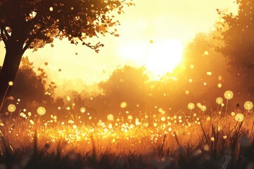 Naklejka premium Golden sunset, field of wildflowers, backlit dandelions, warm evening glow silhouetted trees