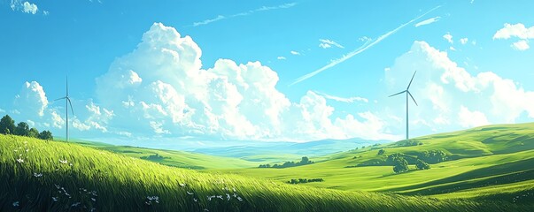 Obraz premium A row of sleek wind turbines spinning gracefully on a vibrant green field under a bright blue sky dotted with fluffy white clouds, symbolizing clean energy