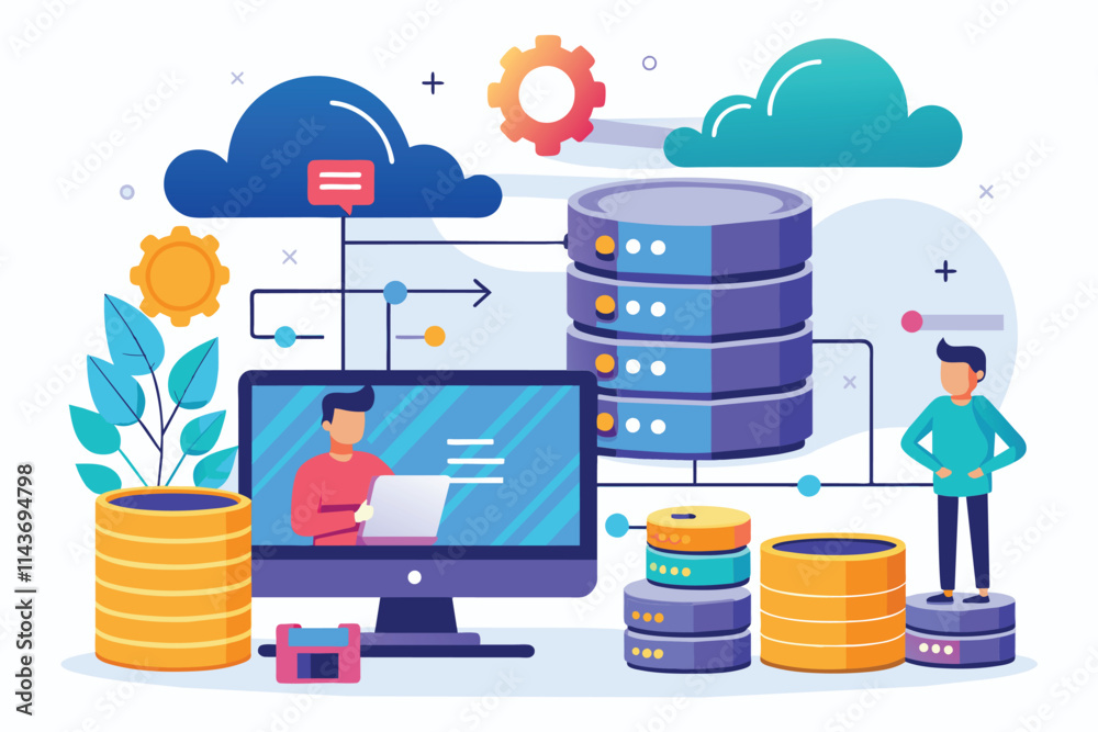 Poster a visual representation of database synchronization and backup processes with colorful elements and 