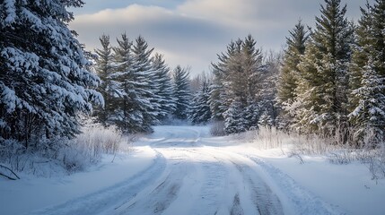 Fototapeta premium Snowy Forest Road. Winter Landscape. Nature Pathway.