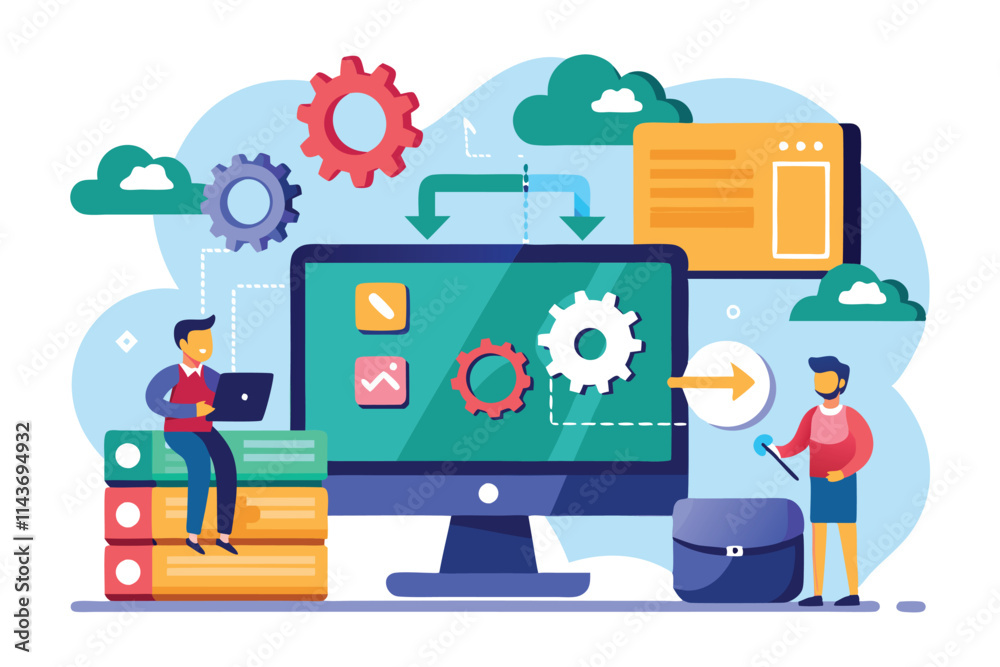 Poster a person syncs software and installs updates while seated, surrounded by colorful graphics and tools