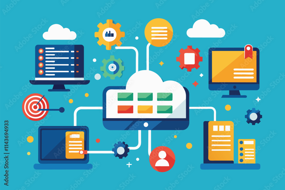 Poster visual representation of data synchronization among various devices utilizing cloud technology sync 