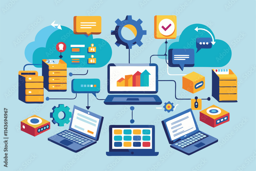 Poster laptops and cloud icons illustrate data synchronization concepts during a technology workshop sync d