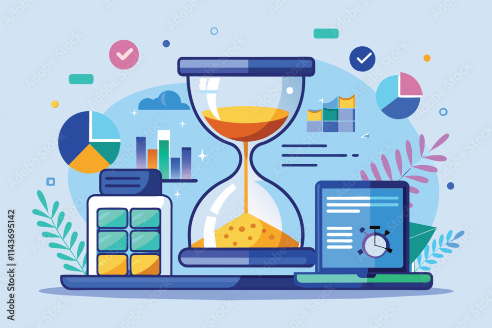 Poster an hourglass amid productivity tools and graphics highlights data sync and efficiency sync data with