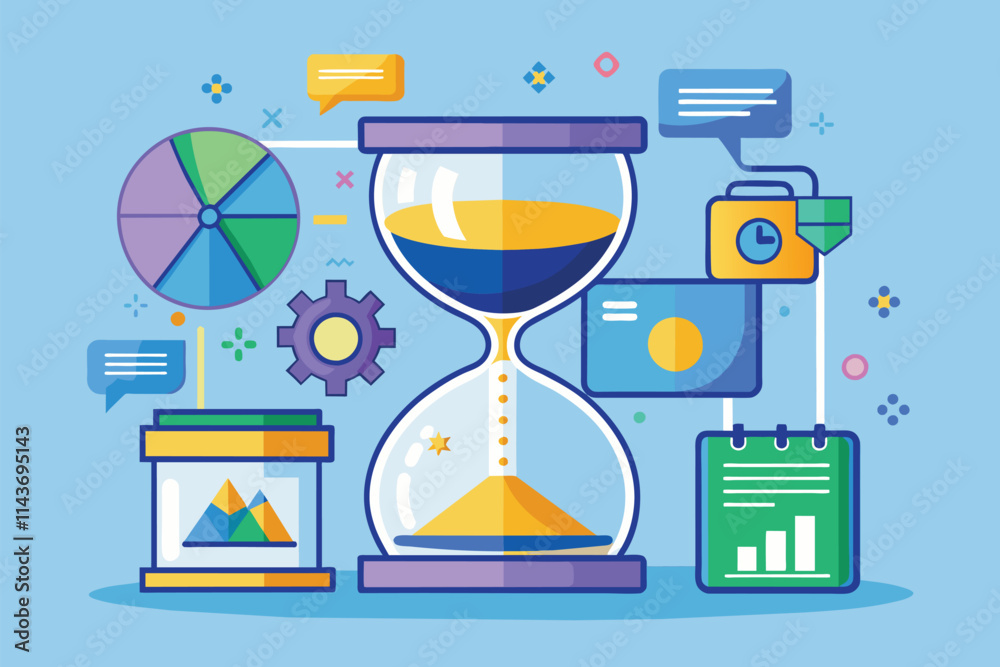Poster an hourglass is depicted alongside icons representing data synchronization and digital analytics too