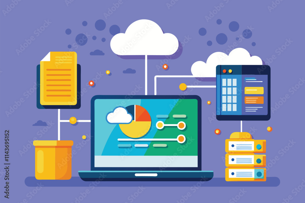 Poster a laptop displays data synchronization with cloud storage and big data analytics through graphics sy