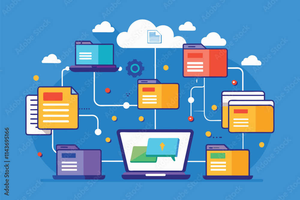 Poster illustration showing the process of syncing folders across multiple devices in a big data environmen