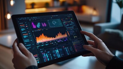 Person Using Tablet to Analyze Financial Data with Colorful Graphs and Charts in Modern Home Office Environment at Night