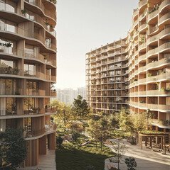 architectural photo of a long stretched ten storey high, terraced, sloped and curved, housing block and a 12 storey high condominium standing next to it, light vertical wooden structures