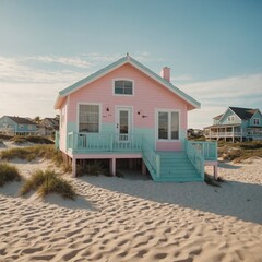 A pastel-colored beach house on a sandy shore.