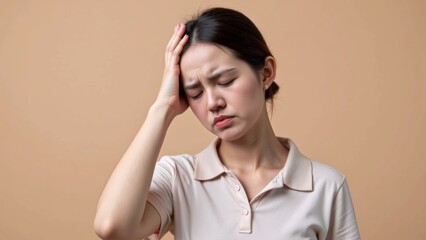 Fototapeta premium Woman Experiencing Stress in Modern Office, Holding Temples, Symbolizing Workplace Challenges and Emotional Strain