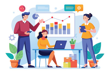 A team gathers around a laptop to analyze and discuss growth chart data for strategic insights Team meets to review growth chart analysis with a flat illustration.