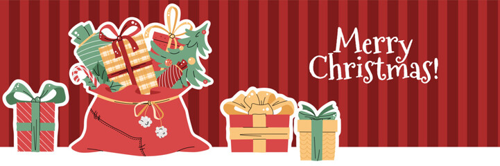 Christmas horizontal banner with Santa's sleigh, gifts and a in a flat cartoon style. Vector illustration for poster, banner, invitation, etc.