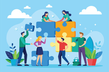 A group of diverse individuals joyfully working together to complete a large puzzle outdoors under a clear sky Teamwork and partnership are illustrated through the isolated jigsaw puzzle.