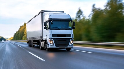 Moving freight truck on highway transport scene road environment dynamic viewpoint logistics concept