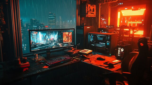 A dimly lit gaming setup with a cityscape view and vibrant neon lights.