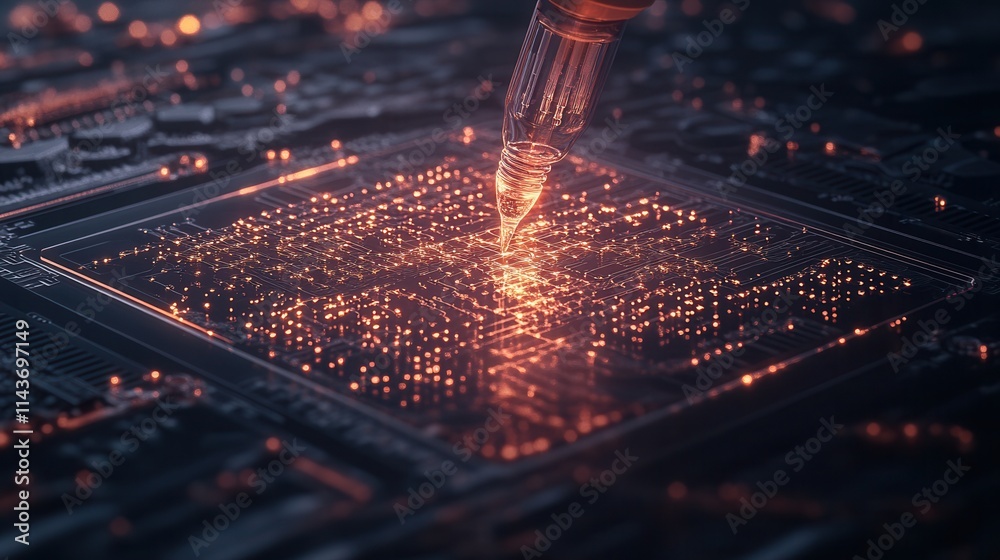 Poster A close-up of a microchip where light interacts with circuit patterns, showcasing advanced technology and digital innovation.
