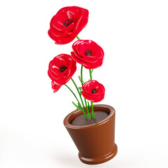 3d red poppy flowers in pot isolated render. Cartoon wildflower bouquet in flowerpot. Floral beauty grass plant with green leaves and blossom for summer garden or home interior decor. 3D illustration
