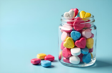 medicine, multicolored heart shaped pills on isolated blue background, valentine's day concept
