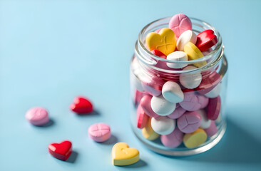 medicine, multicolored heart shaped pills on isolated blue background, valentine's day concept