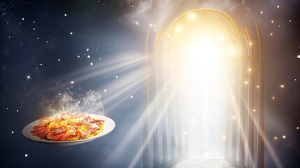 Splendid pearly gates with heavenly light shining through, and a plate of gourmet seafood paella floating nearby on a transparent background. 32k, full ultra hd, high resolution -