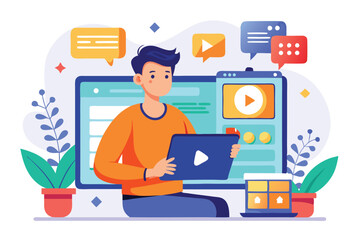 The content creator focuses on uploading a new video, surrounded by colorful chat bubbles and digital elements The creator is uploading a popular video with a simple illustration.