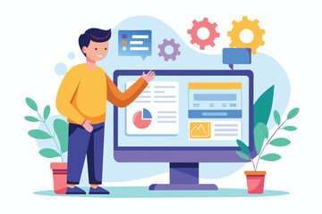 A man is engaged with a digital management interface displayed on a screen, surrounded by indoor plants The man displays the management website page on the monitor screen, using a flat illustration.