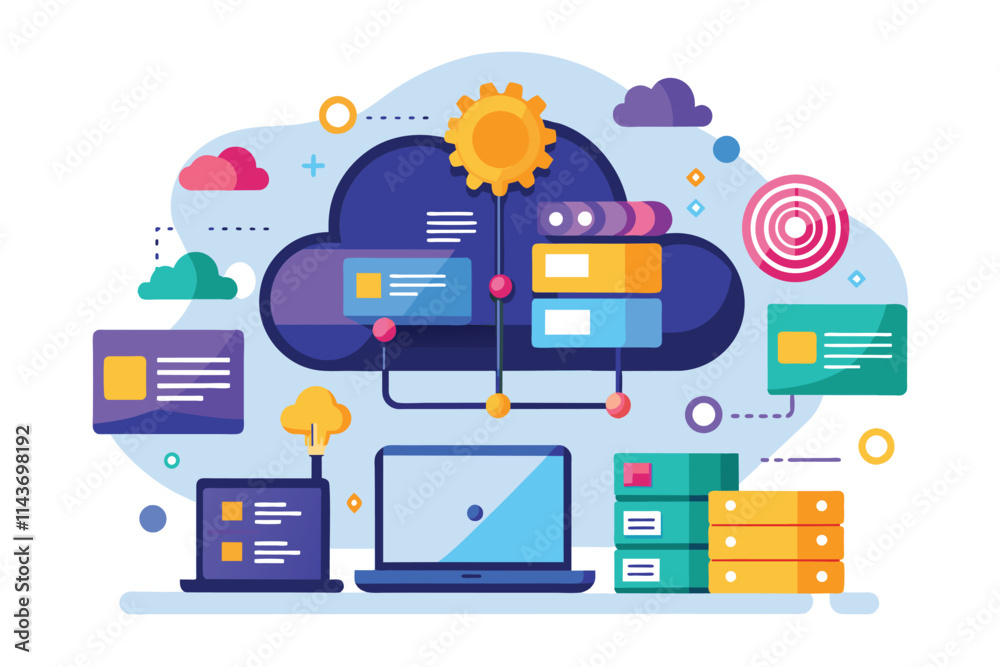 Poster a digital illustration showing a cloud storage system connecting various devices for data management