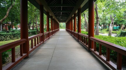 Tranquil walkway amidst lush gardens urban park photography serene environment perspective on nature