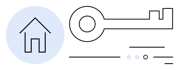House outline within blue circle and large key overlapping basic lines. Ideal for real estate, home security, housing market analysis, property management, home insurance, key services, rentals. Line