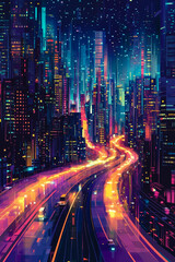 Obraz premium A city at night with a lot of lights on the road