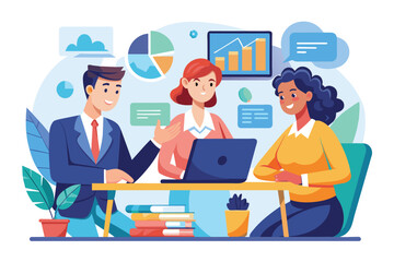 Three professionals hold a meeting with reports and a laptop in a bright office, Three individuals are engaged in a business meeting, discussing data, depicted in a flat illustration.