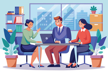 Three individuals collaborate at a modern office desk with a city skyline backdrop during a meeting Three individuals had a business meeting at the office, depicted in a flat illustration.