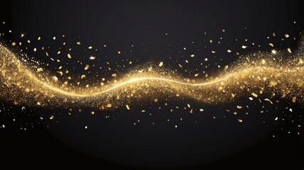 Gold glittering confetti wave and stardust. Backdrop with golden magical sparkles on dark background. Vector illustration
