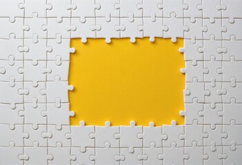White puzzle pieces surround a bright yellow center, creating ample copy space for design or messaging needs.