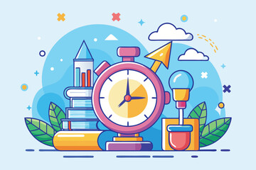 Naklejka premium A vibrant illustration showcases a clock, stacked books, and tools in a creative workspace environment Timely flat illustration work.