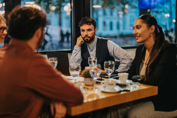 A group of business people engaged in discussion around a table in a contemporary cafe. The atmosphere is lively and informal, emphasizing teamwork and collaboration in a dynamic setting.