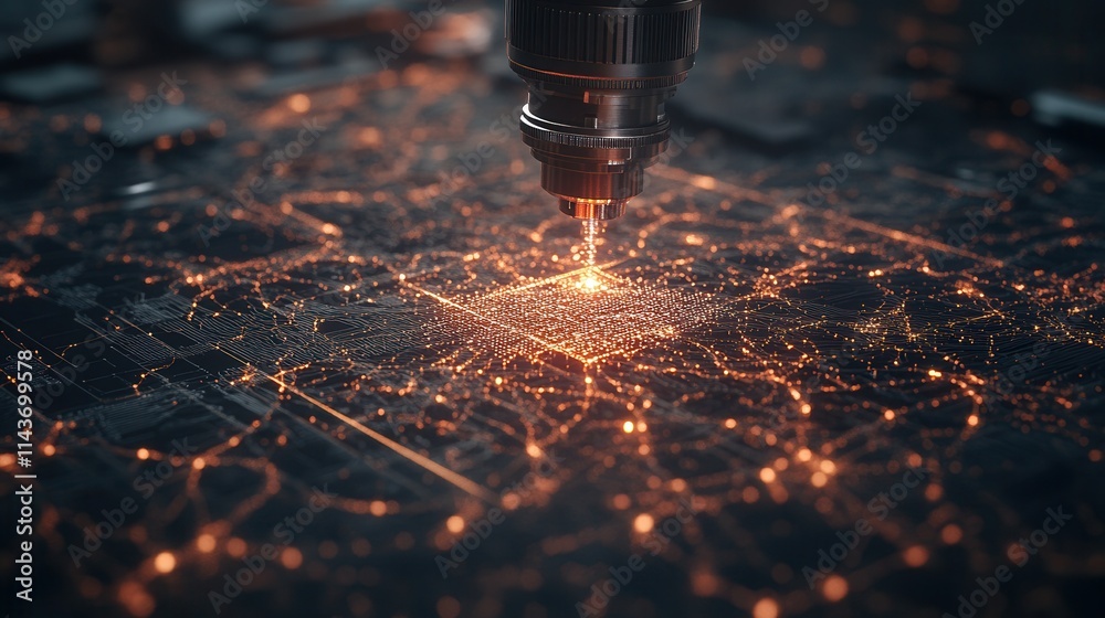 Aufkleber a detailed, illuminated map appears with a laser pinpointing a specific location, suggesting technol