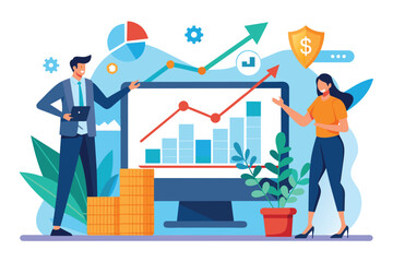 Two traders review share growth rates on a computer while surrounded by financial symbols and greenery Traders display share growth rate, flat illustration.
