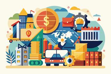 Fototapeta premium Colorful trade illustration showcasing various aspects of global commerce, including money, shipping, and factories Trade illustration