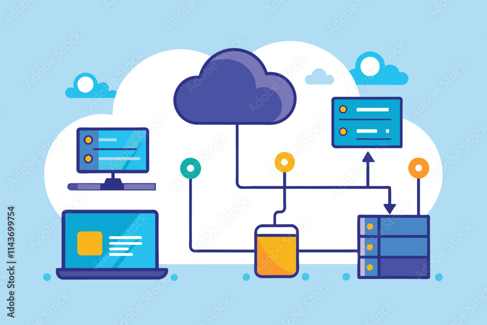 Poster the process of transferring data to cloud storage is visually represented with diverse connected dev
