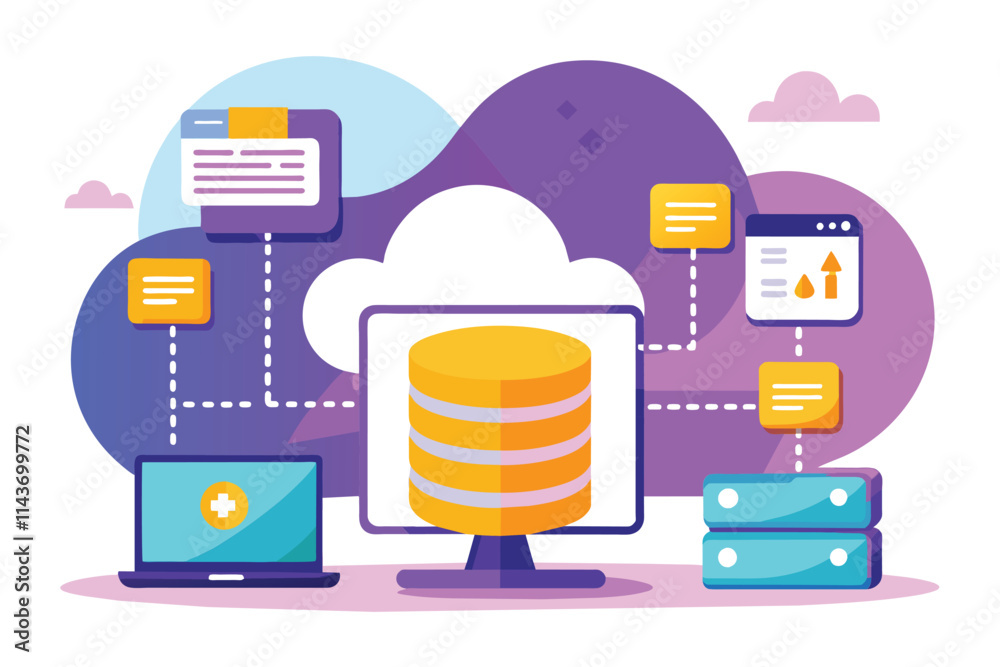 Poster this visual showcases the process of transferring data to cloud storage using colorful icons and gra