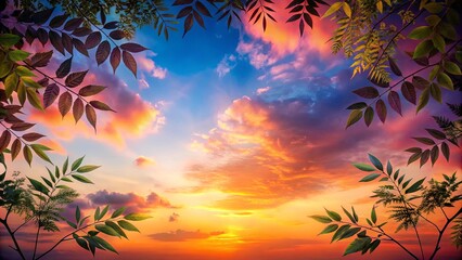 Obraz premium Serene Sunset Framed by Lush Foliage, a Peaceful and Colorful Vista
