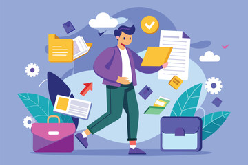 A person is actively transferring documents and files in an office environment filled with colorful items Transferring documents with a flat illustration.