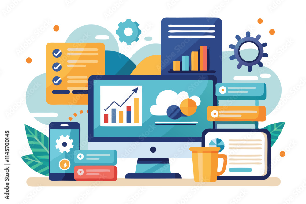 Poster visual representation of data input activities featuring folders, charts, and digital tools in a wor