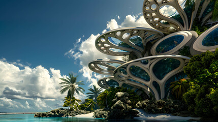 Obraz premium Futuristic Oceanfront Architecture with Artificial Coral Reef