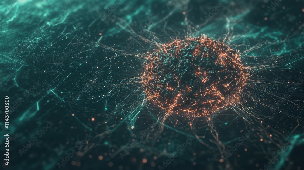 Poster a digital representation of a virus or cellular structure, featuring glowing connections on a dark b