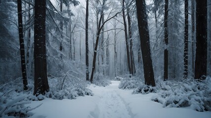 Fototapeta premium snowy winter road, fantasy forest background
