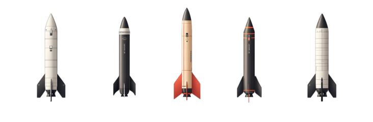 Collection of rockets isolated on white background, space exploration graphic resources.
